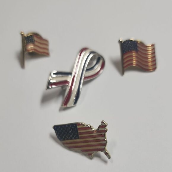 Patriotic Flag and Ribbon Pin Lot Of 4 - Picture 1 of 5